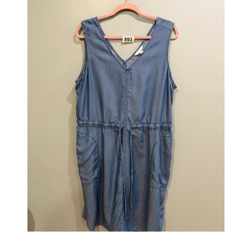 Womens Blue Chambray Sleeveless V-Neck Midi Dress with Pockets and Drawstring